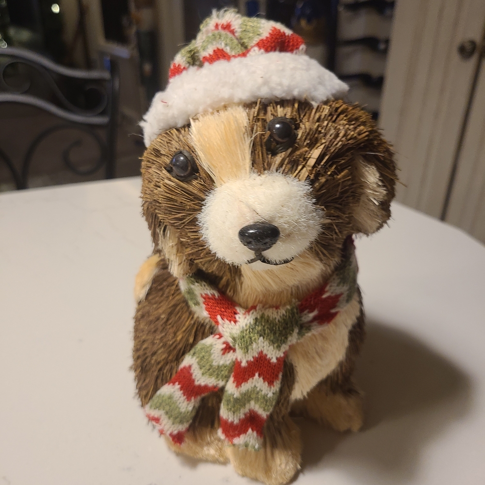 Christmas Decor Adorable Straw Puppy In Holiday Garb Approx 7"